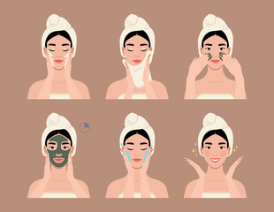 Beautiful Asian woman making skin care. Clay mask applying guide. Vector illustration for product packaging, article, or social media.    - 546826033