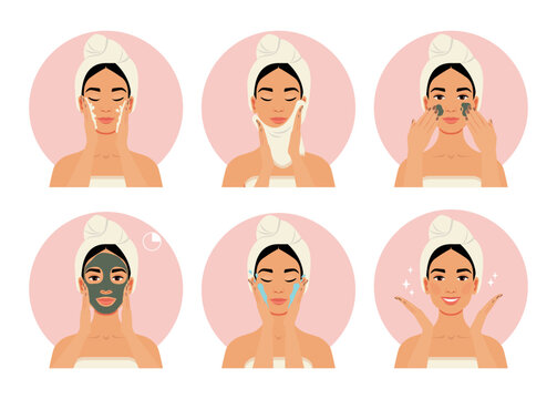 Woman Makes Skin Care Procedures To Cure Her Face Problems. A Collection Of Skincare Steps. Vector Flat Cartoon Illustration. Cute Feminine Style. 