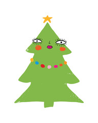Abstract Infantile Style Vector Illustartion with Christmas Tree. Green Hand Drawn Christmas Tree with Big Eyes, Pink Lips and Colourful Beads on a White Background. Elegant Winter Holidays Print.