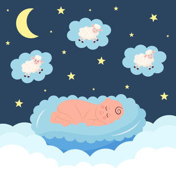 A newborn baby sleeping in a soft cradle and seeing lambs in a dream. Clouds, stars and moon around.