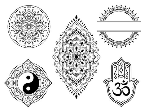 Set of Eastern ethnic religious symbols. Mandala with OM mantra, Yin Yang, Lotus flower. Decorative pattern for henna, mehndi, tattoos, room decoration. Outline doodle vector illustration.