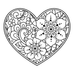 Mehndi flower pattern in form of heart for Henna drawing and tattoo. Decoration in ethnic oriental, Indian style. Valentine's day greetings. Coloring book page.