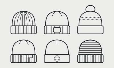 Wool beanie caps line icon set. Winter knitted hats.  Vector illustration