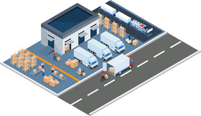 3D isometric Warehouse Logistic concept with Workers loading products on the trucks, Transportation operation service, Export, Import, forklift, pallets, cardboard boxes. Clipart Transparent PNG