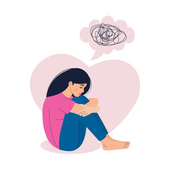 Sad woman in depression sitting and hugging her knees. Scribble in a cloud above her head. Confused thoughts in her mind, mental health issues, broken heart, stress concept.