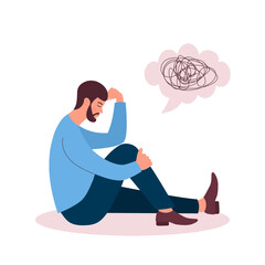 Sad man in depression sitting and thinking over problems. Confused thoughts in his mind, mental health issues, bankruptcy, stress, lose, crisis, burnout syndrome, relationship trouble concept.