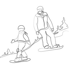 Man snowboarder with a child riding on a mountain slope on snowboards simple line drawing sketch vector illustration.Father and son ride in the mountains.Winter holidays,extreme sports