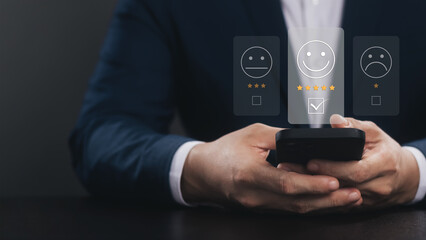 User give rating to service experience on online application, Customer review satisfaction feedback survey concept, Customer can evaluate quality of service leading to reputation ranking of business.