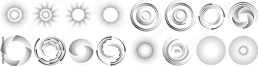 Poster design elements with circular halftone dots. vector rotating dotted circles design . half tones coll