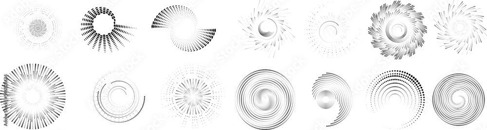Poster design elements with circular halftone dots. vector rotating dotted circles design . half tones coll