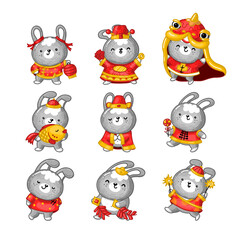 Set of Chinese rabbits in red costumes. There are symbols of Chinese New Year 2023. Different bunnyes with sparkles, golden fish, lantern, xandy, cards, coin
