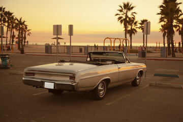 Vintage car at Venice Beach during sunset