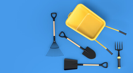 Obraz premium Garden wheelbarrow with garden tools like shovel, rake and fork on blue.