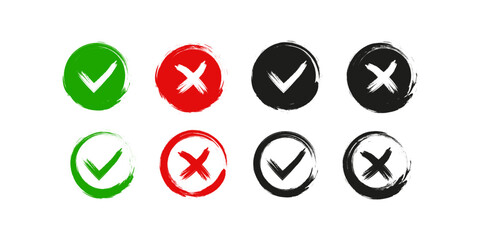 Green check mark and red cross icon  collection. Set of hand graw check marks and crosses.  illustration . 10 eps