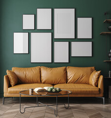 Mock-up frame in dark green home interior, 3d render - obrazy, fototapety, plakaty