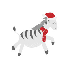 Cute and funny zebra horse wearing Santa hat for Christmas and smiling - vector. Hand drawn style zebra on white © brillianata