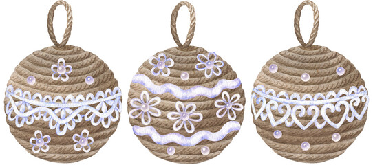 Watercolor set with Christmas decor on white background. Christmas decor made of lace and jute rope