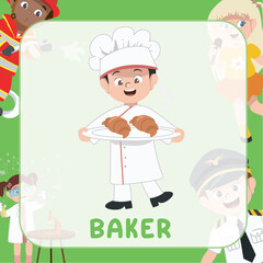 Colorful flashcard kids’ profession dream. A Cute baker boy with a tray of Croissant on his hand. Educational printable sheet for children. Cute cartoon vector illustrations.