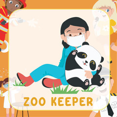 Fototapeta premium Colorful flashcard kids’ profession dream. A cute girl as a zookeeper taking care of a panda. Educational printable sheet for children. Cute cartoon vector illustrations.