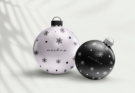 Christmas Ornament Ball Mockup &ndash; Black and White Elegant Holiday Decoration Scene &ndash; Realistic High-Quality Setup for Festive Branding, Gift Packaging, and Seasonal Campaigns