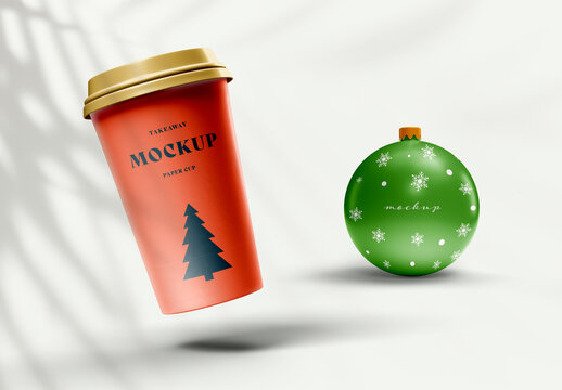 Christmas Cup and Ornament Mockup &ndash; Minimalist Festive Scene for Holiday Branding, Seasonal Promotions, and Gift Packaging Design &ndash; High-Quality Studio Light Setup