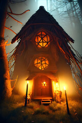 scary magic witch house / wizard hut made of wood with lighted windows and lanterns in the forest, misty at night in the moonlight