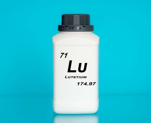 Lutetium Lu chemical element in a laboratory plastic container
