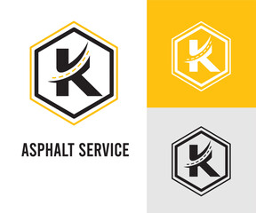 Initial K Letter with asphalt and paving symbol for asphalt logo and transport business design template