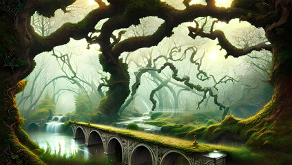 An old enchanted magical bridge covered with ivy leaves over a river framed by trees and branches in the forest with sunlight in the foliage from behind - Book cover - fantasy - fairy tale 