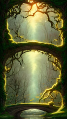 An old enchanted magical bridge over a river covered with ivy leaves over a river framed by trees and branches in the forest with sunlight in the foliage from behind - Book cover, fantasy, fairy tale 