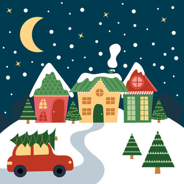 Christmas Houses with car, trees, snow and stars at Christmas night. Cartoon style. Preparation for the holiday