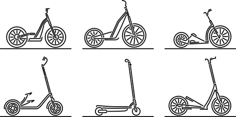 Set of simple flat design vector images of various types of step scooters drawn in art line style. - 546831471