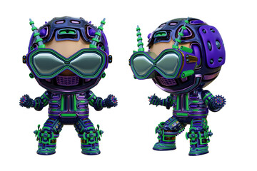 3D RENDERING PNG ILLUSTRATION. CUTE DESIGN ROBOT CYBORG ANDROID CHARACTER ISOLATED WHITE BACKGROUND. SPACEMAN ASTRONAUT CARTOON METAL PLASTIC AI MACHINE TECHNOLOGY GAME MODEL FIGURE ART TOY.