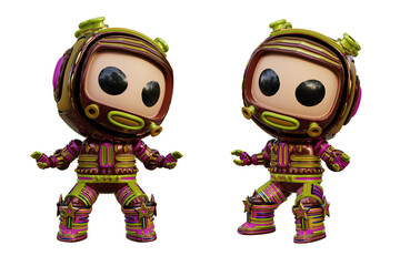 3D RENDERING PNG ILLUSTRATION. CUTE DESIGN ROBOT CYBORG ANDROID CHARACTER ISOLATED WHITE BACKGROUND. SPACEMAN ASTRONAUT CARTOON METAL PLASTIC AI MACHINE TECHNOLOGY GAME MODEL FIGURE ART TOY.