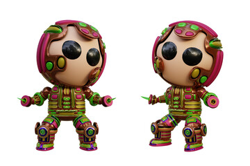 3D RENDERING PNG ILLUSTRATION. CUTE DESIGN ROBOT CYBORG ANDROID CHARACTER ISOLATED WHITE BACKGROUND. SPACEMAN ASTRONAUT CARTOON METAL PLASTIC AI MACHINE TECHNOLOGY GAME MODEL FIGURE ART TOY.