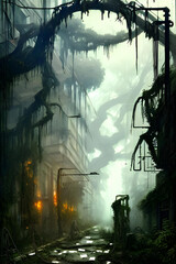 rotten / decayed streets in the city, overgrown with vegetation and hanging vines in a post-apocalyptic tropical forest landscape, hazy and misty atmosphere - painted - concept art 