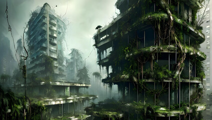 rotten / decayed city skyline with skyscrapers, overgrown with vegetation and hanging vines in a post-apocalyptic tropical forest landscape, hazy and misty atmosphere - painted - concept art 