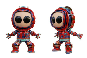 3D RENDERING PNG ILLUSTRATION. CUTE DESIGN ROBOT CYBORG ANDROID CHARACTER ISOLATED WHITE BACKGROUND. SPACEMAN ASTRONAUT CARTOON METAL PLASTIC AI MACHINE TECHNOLOGY GAME MODEL FIGURE ART TOY.