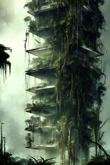 rotten / decayed city skyline with skyscrapers, overgrown with vegetation and hanging vines in a post-apocalyptic tropical forest landscape, hazy and misty atmosphere - painted - concept art 