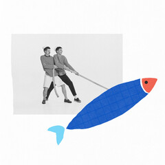 Contemporary art collage. Creative design with two young boys, seamen pulling big drawn fish....