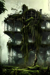 rotten / decayed house, overgrown with vegetation and hanging vines in a post-apocalyptic tropical forest landscape, hazy and misty atmosphere - painted - concept art 