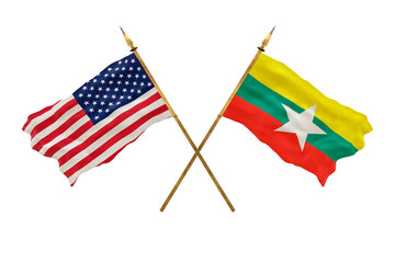 Background for designers. National Day. National flags  of United States of America. USA and Myanmar