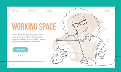 Coworking Space Landing Page Cartoon Template. Freelancers Team Working Online on Laptop. Business People Sharing Open Workspace. Outline Vector Illustration
