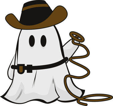 ghost halloween costume with cowboy hat and brown cowboy strap
