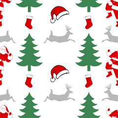 Christmas Seamless Patterns with deer, trees, sock, hat and santa elements perfect for present and background