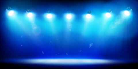 Obraz premium Spotlights illuminating an empty stage in the stadium. Blue background. Place for the exhibition. Vector illustration.