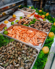 Sea food on display in a restaurant