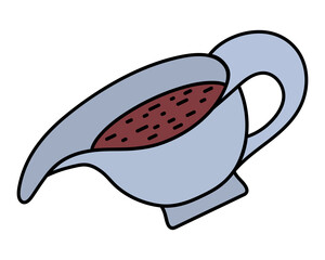 Sauce bowl. Color vector illustration. Isolated background. Cartoon style. A traditional gravy for a hot dinner. Ceramic mug for filling. Syrup container with spout. Dishes with sauce inside. 