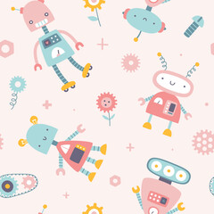 Cute girly pattern with pink robots. Seamless vector print for baby girl textile and fabric.