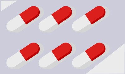 There are six red and white capsules of the same shape and size
